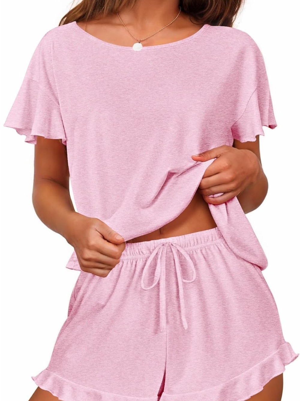 Ruffle Short Sleeve Pink Pajama Set